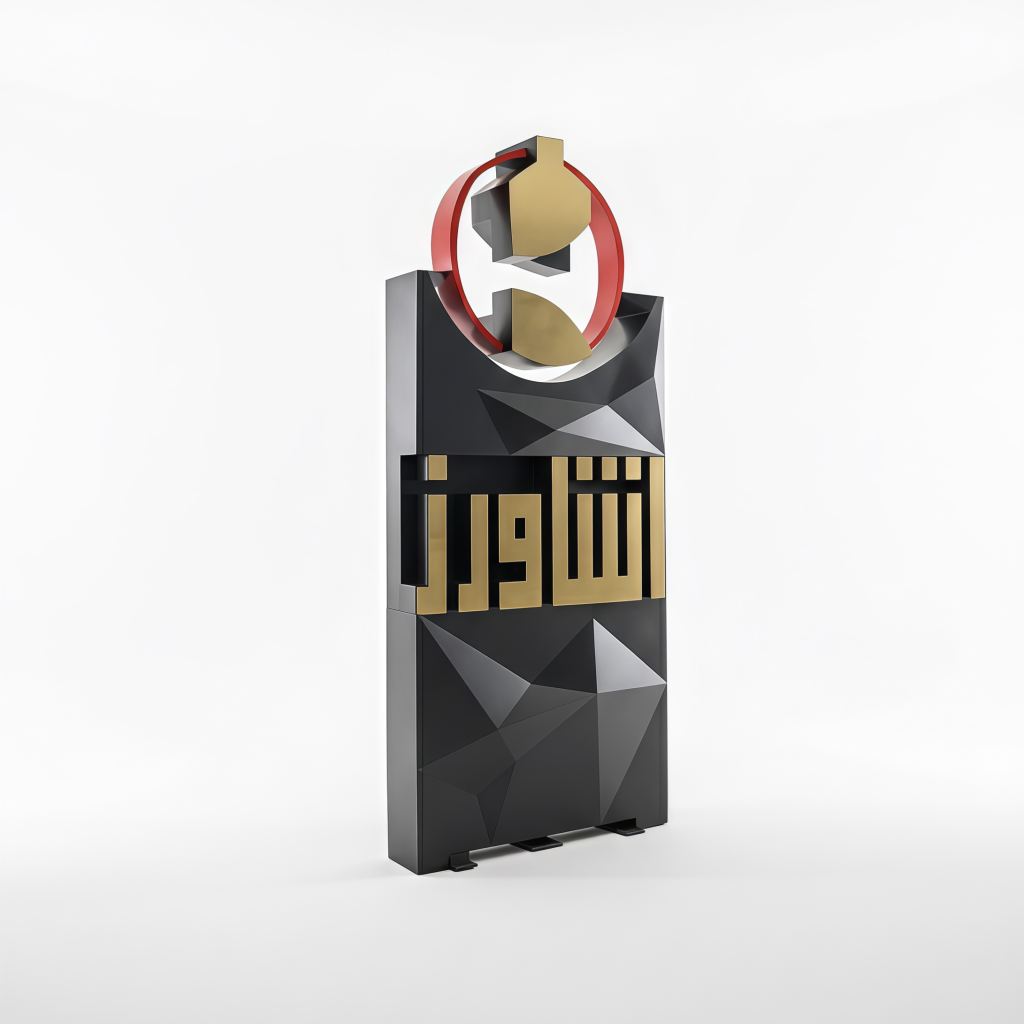 المان برند «اشاورز» | Metal Sign – Brand Identity Element نماد اصالت و قدرت طراحی در قالب فلز.