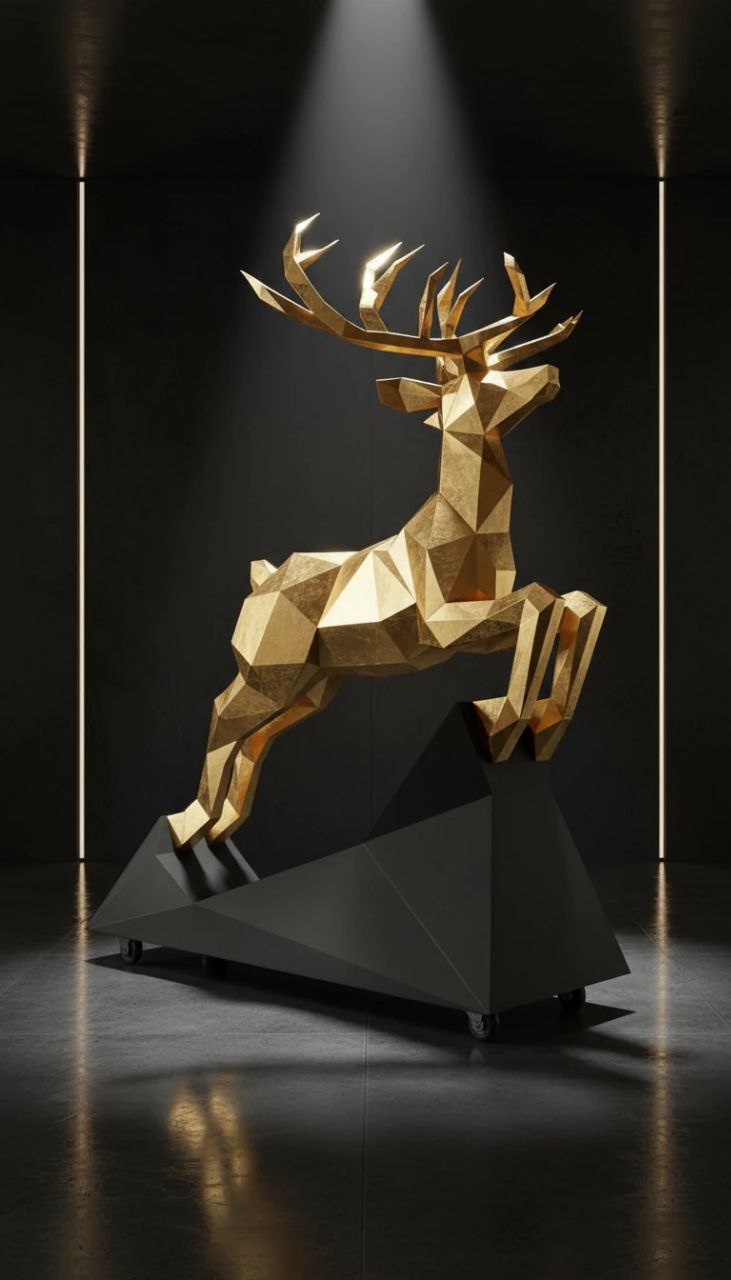 مجسمه گوزن پلی‌گونال طلایی – طراحی، ساخت و اجرای ورق‌طلا توسط METAL SIGN